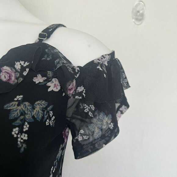 Vintage floral ruffle rose Victorian blouse top XSMALL short cap sleeves - Picture 4 of 11